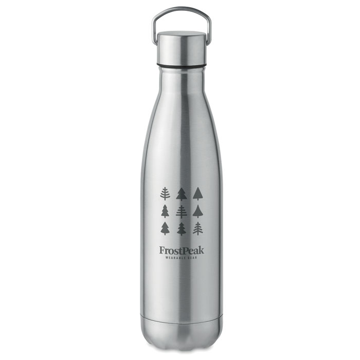 Botella isotérmica de acero inoxidable plateada con dibujo de pinos y logotipo FrostPeak