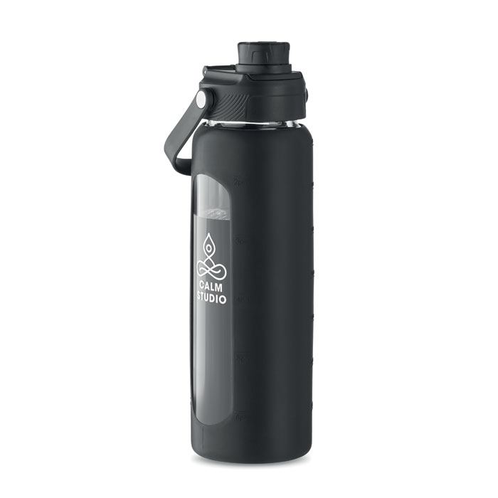 Botella de agua negra con funda de silicona, ventana de nivel y logo Calm Studio