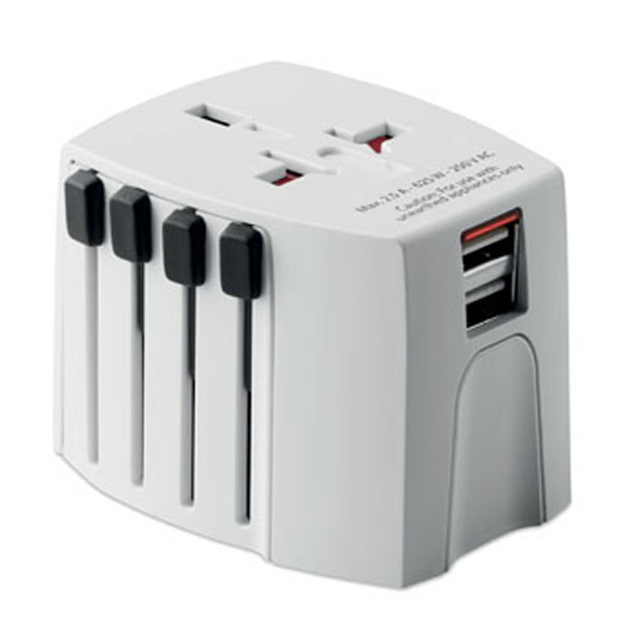 adaptador de viaje universal con clavijas intercambiables y puertos USB duales