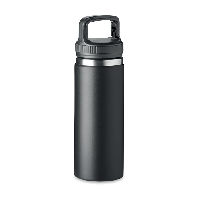 Botella térmica negra de acero inoxidable con tapa de rosca y asa integrada.