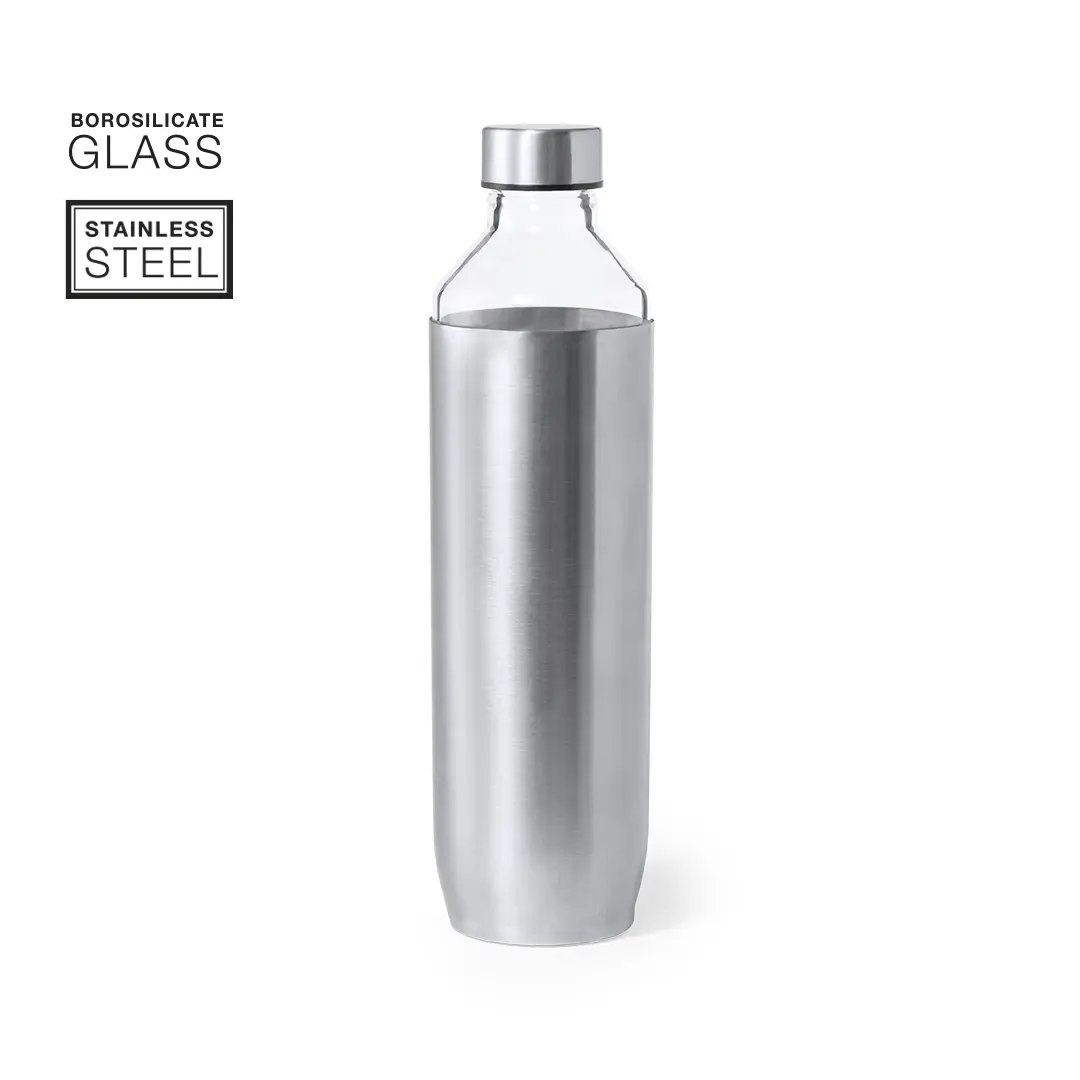 Botella de vidrio borosilicato con funda de acero inoxidable.