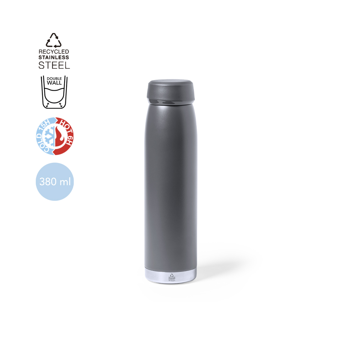 Botella termo gris de acero inoxidable reciclado de doble pared (380 ml)