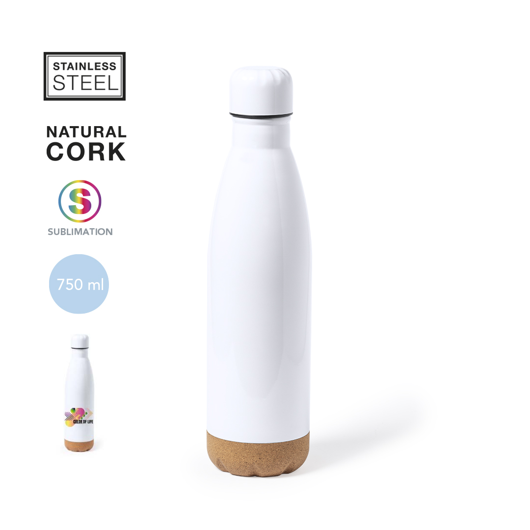Botella blanca de acero inoxidable de 750 ml con base de corcho natural y cierre hermético.