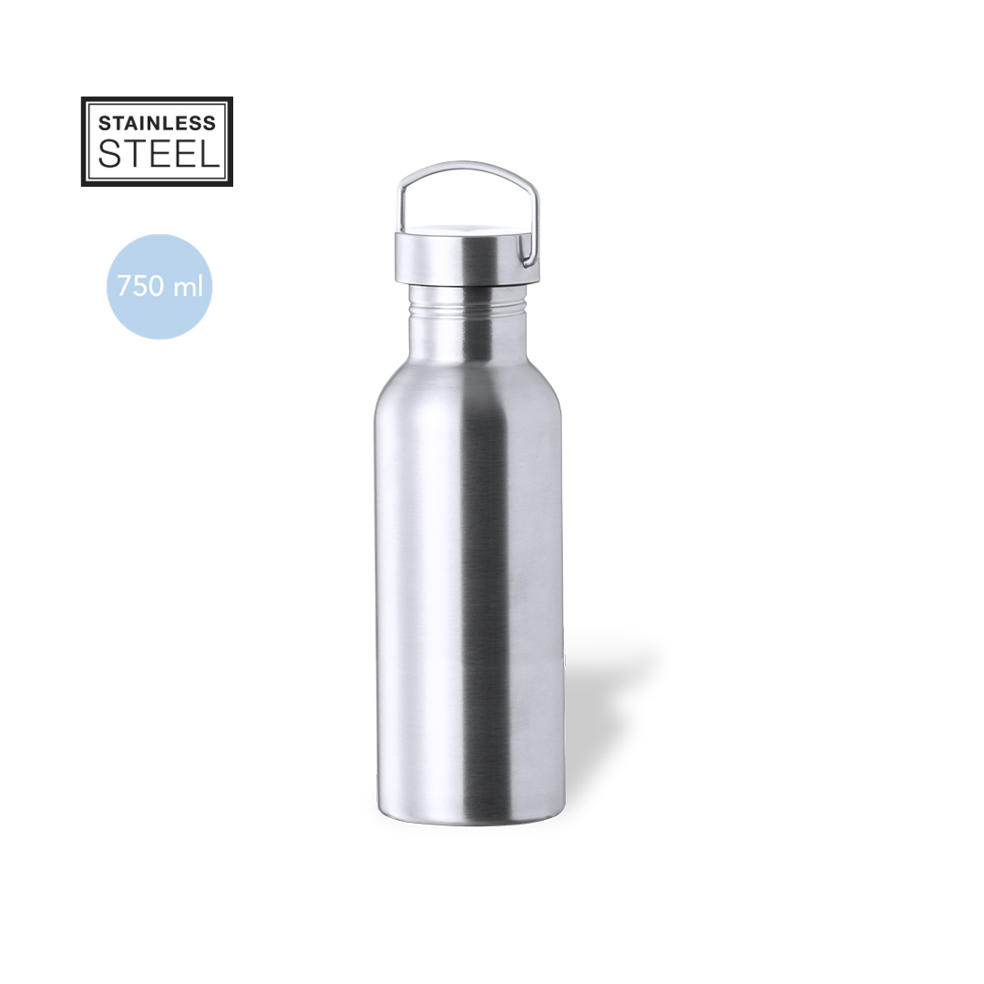 Botella de acero inoxidable de 750 ml con tapa de asa sobre fondo blanco