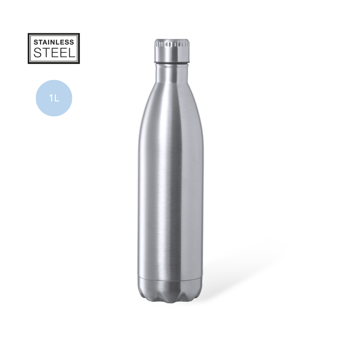 Botella de acero inoxidable de 1 L con tapón de rosca sobre fondo blanco