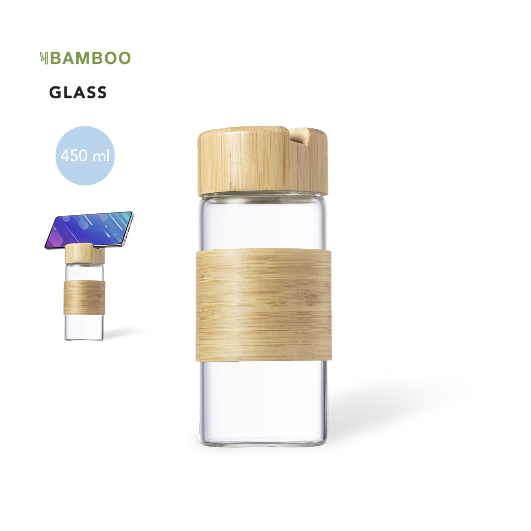 Botella de cristal de 450 ml con tapa y funda de bambú que sirve además de soporte para móvil.