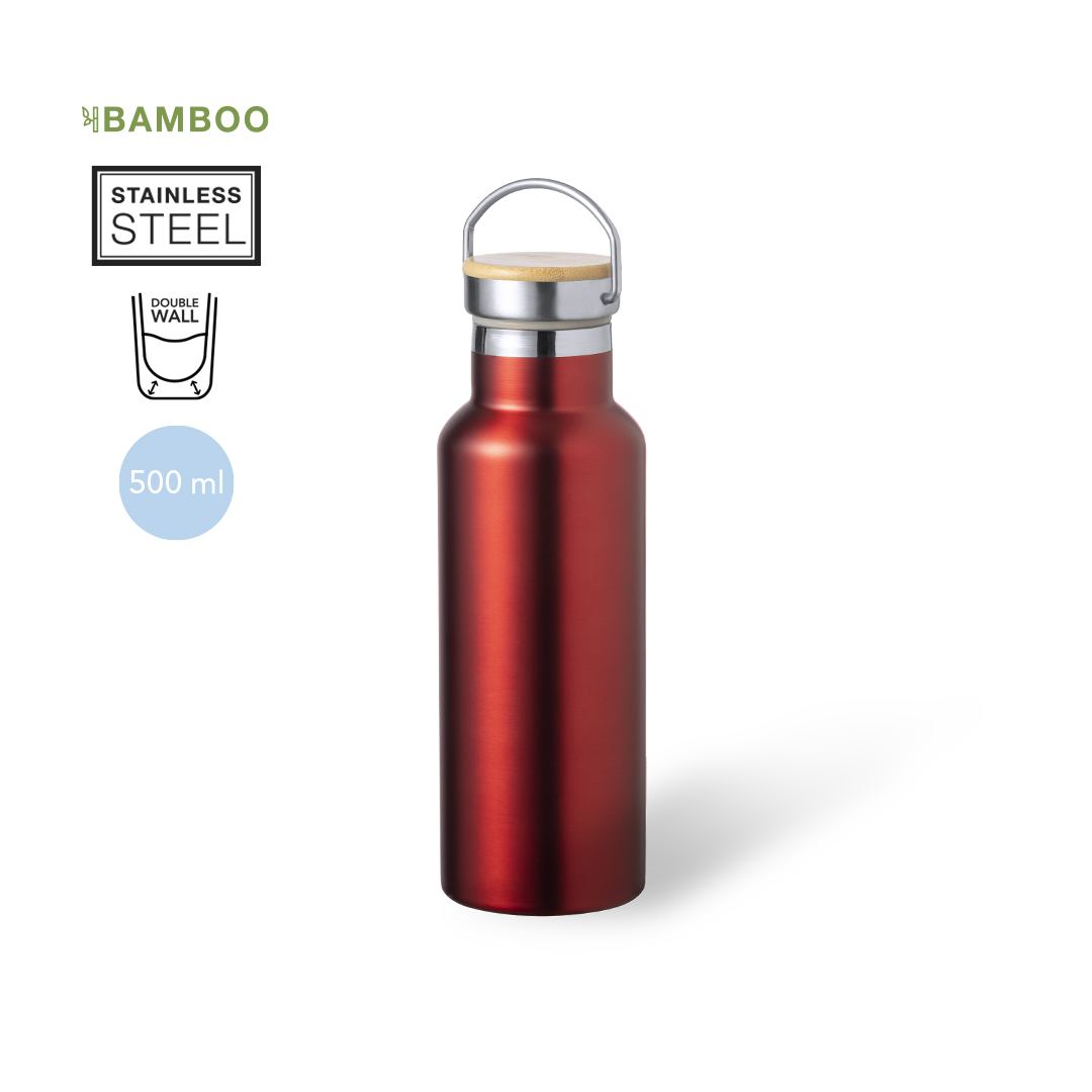 Botella térmica de acero inoxidable roja con tapa de bambú y doble pared de 500 ml.