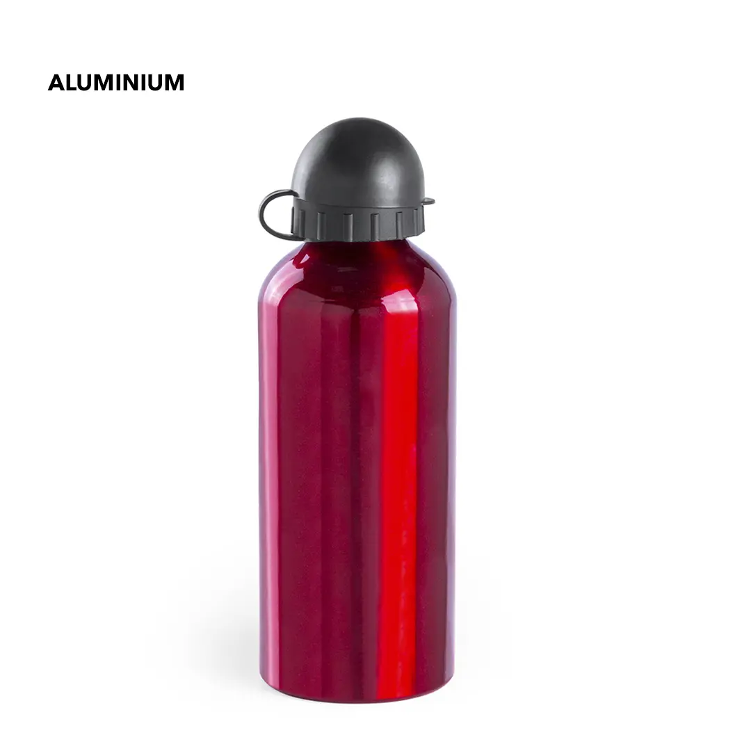 botella deportiva de aluminio roja con tapón negro sobre fondo blanco