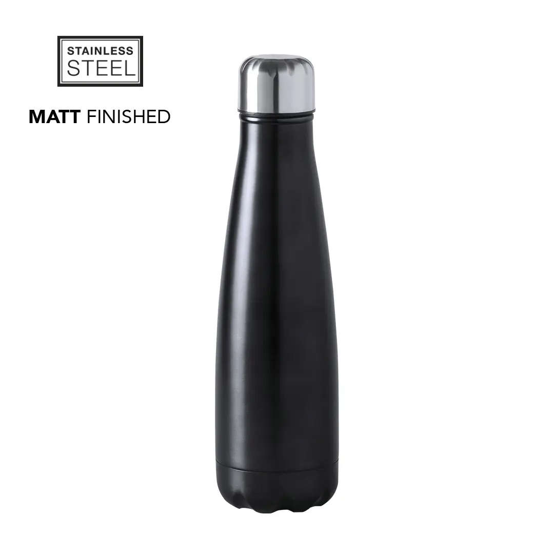 Botella térmica de acero inoxidable negro con acabado mate y tapón plateado