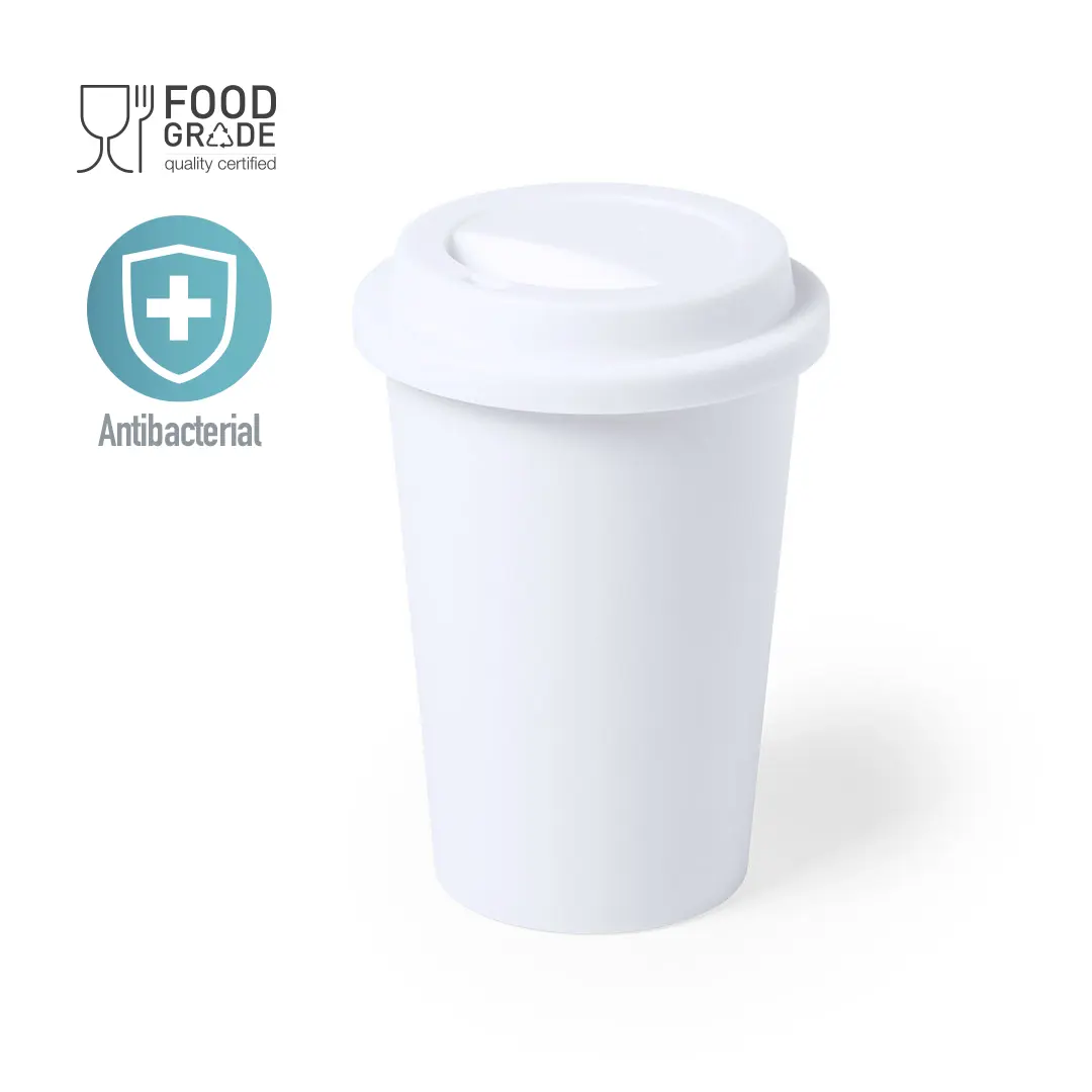 Vaso de viaje blanco con tapa, certificado food grade y etiqueta antibacterial