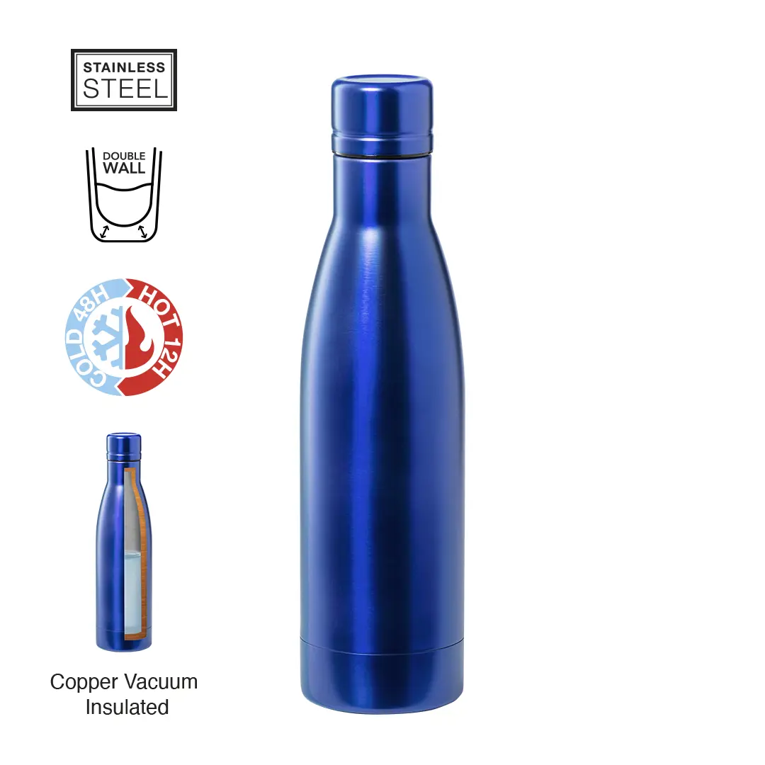 Botella isotérmica de acero inoxidable azul con doble pared y aislamiento al vacío.