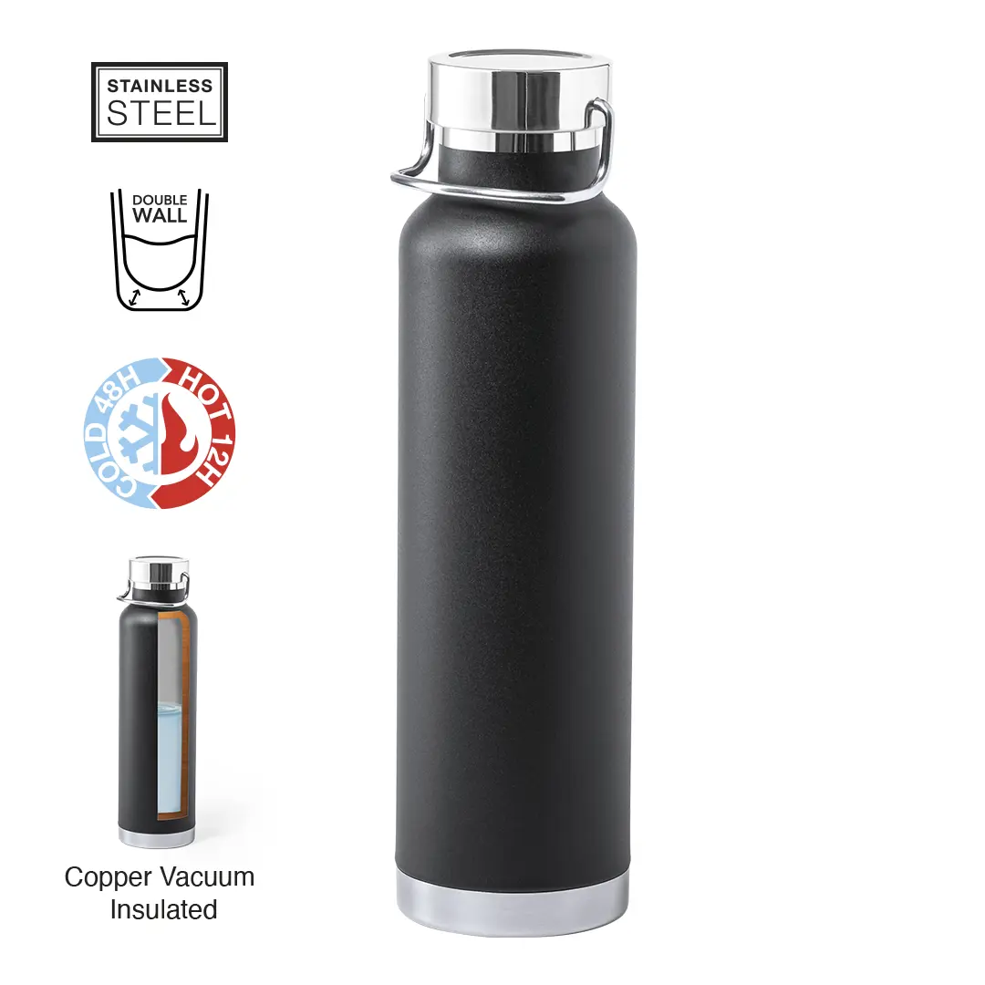 Botella térmica negra de acero inoxidable con tapa metálica y aislamiento de doble pared para mantener bebidas frías 48 h y calientes 12 h