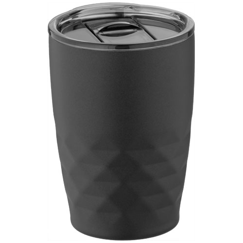 Vaso térmico negro con diseño facetado y tapa deslizante de acero inoxidable