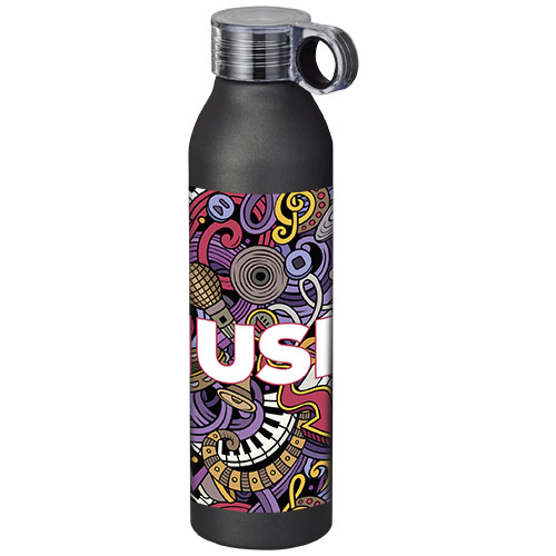 Botella metálica negra con diseño colorido de instrumentos musicales, notas y micrófono.