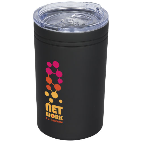 Vaso térmico negro con tapa transparente y logotipo de Net Work conference en colores degradados.