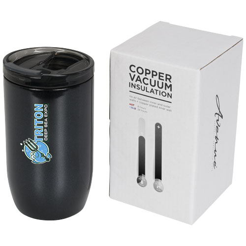 vaso térmico negro con logotipo Triton Deep Sea Expo junto a su caja de aislamiento al vacío de cobre
