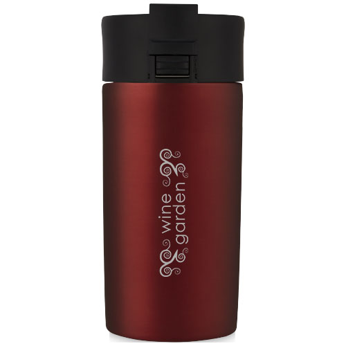 Botella térmica roja con tapa negra y logotipo wine garden