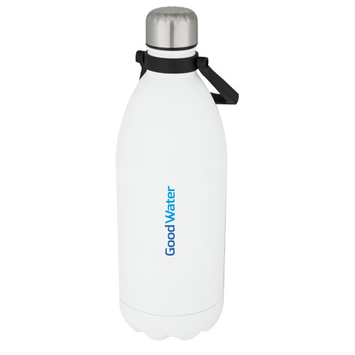 Botella reutilizable blanca con tapón metálico, asa negra y logo GoodWater.