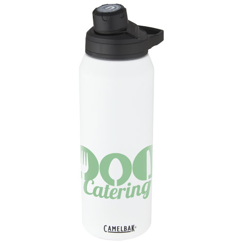 Botella de agua blanca CamelBak con tapa negra y logo verde de cubiertos y la palabra Catering