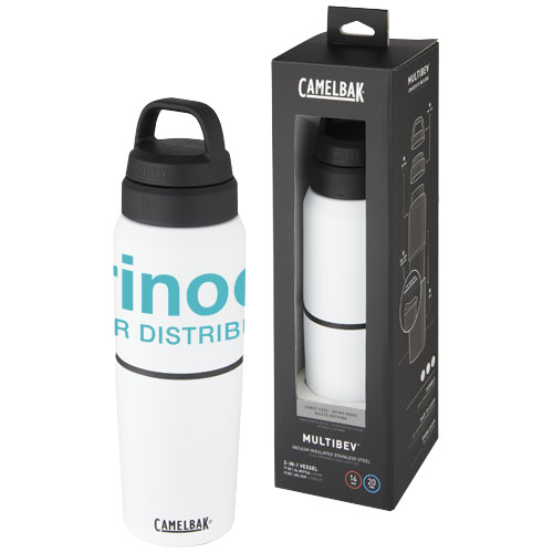 Botella térmica de acero inoxidable CamelBak MultiBev blanca con tapón gris junto a su caja de embalaje.