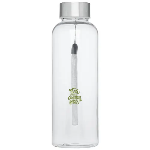 Botella de cristal transparente con infusor interior para té y tapa plateada