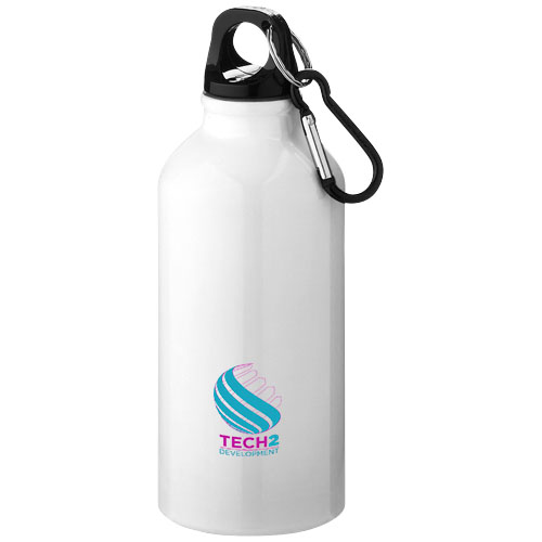 Botella de aluminio blanca con tapa negra y mosquetón, con logotipo de Tech2 Development.