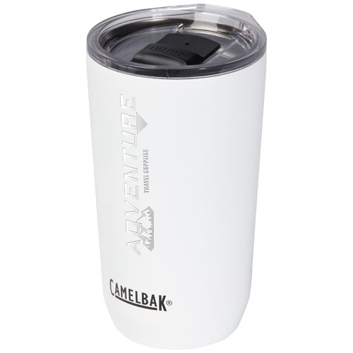 Vaso térmico de acero inoxidable blanco CamelBak con tapa deslizante transparente.
