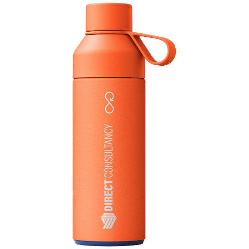 Botella térmica naranja con logotipo de Direct Consultancy y tapa con asa integrada