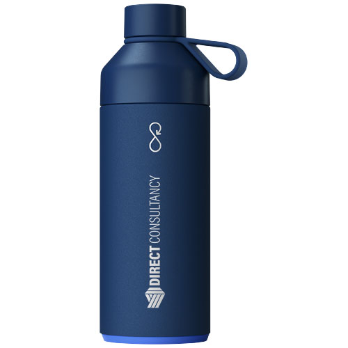 Botella isotérmica azul con asa lateral y logo Direct Consultancy en el cuerpo.