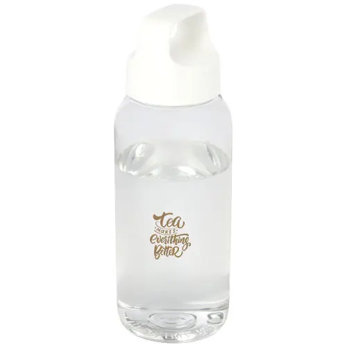 Botella de plástico translúcido con tapa blanca y la frase Tea makes everything better impresa al frente