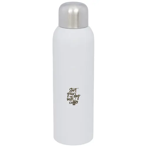 Termo de acero blanco con tapa plateada y texto Start your day with coffee impreso.