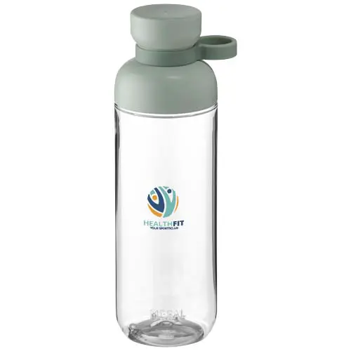 Botella de agua reutilizable transparente con tapón gris y logo Health Fit