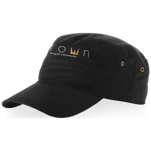 Gorra negra estilo militar con el logo etown legal counsel en la parte frontal