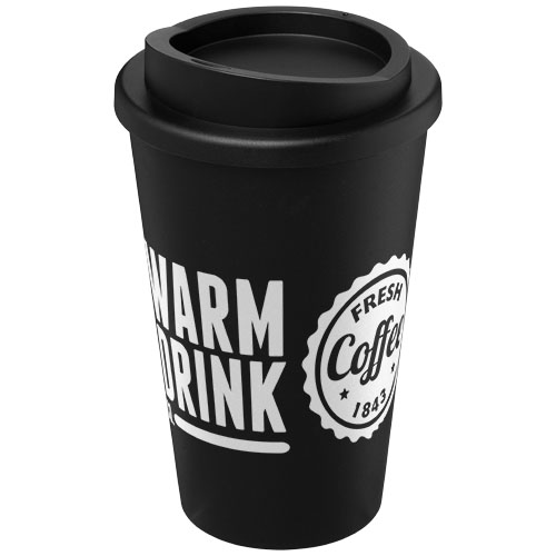 Vaso térmico negro reutilizable con tapa y rótulos Warm Drink y Fresh Coffee