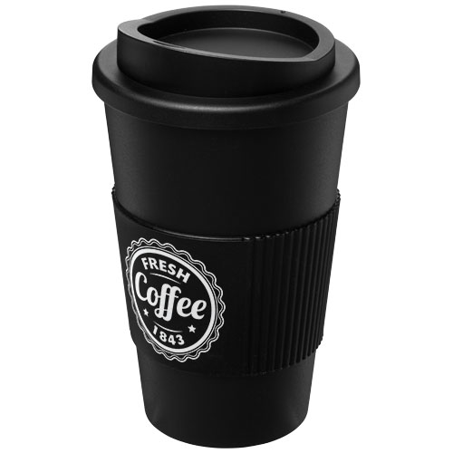 Taza de café reutilizable negra con tapa y manguito marcado Fresh Coffee 1843