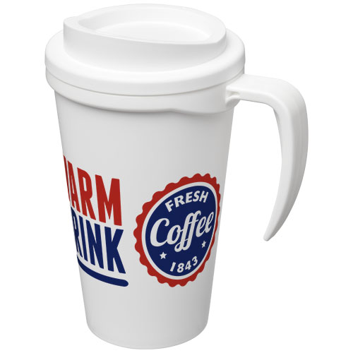 taza de viaje blanca con tapa y asa decorada con logotipo Fresh Coffee 1843