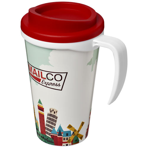 Taza de viaje con tapa roja y asa, logo MailCo Express y dibujos de monumentos internacionales.