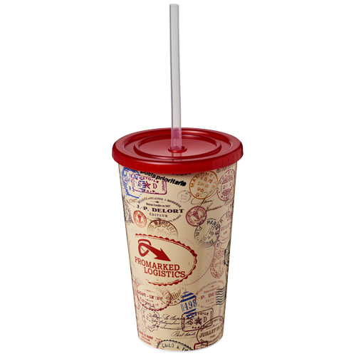 Vaso de viaje con tapa y pajita, decorado con sellos postales y logotipo de empresa de logística