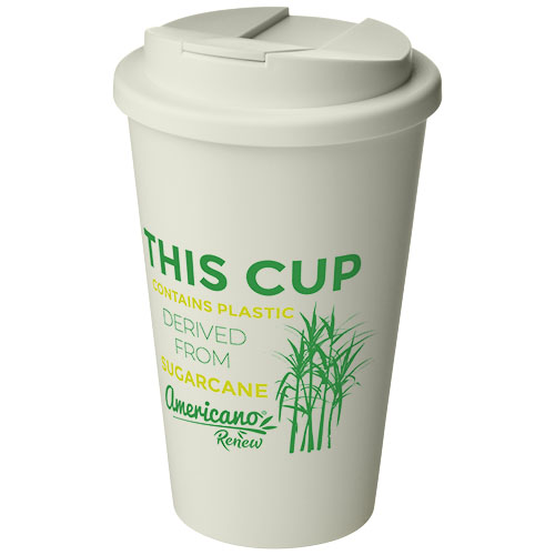 Vaso reutilizable con tapa, fabricado en plástico derivado de la caña de azúcar y texto informativo.