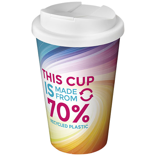 Vaso desechable con tapa y diseño de colores degradados que indica This cup is made from 70% recycled plastic