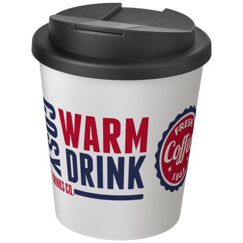 Vaso desechable blanco con tapa negra y texto Warm Drink junto a un logotipo de café.