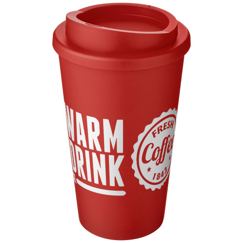 Vaso reutilizable rojo con tapa para bebida caliente con texto Warm Drink