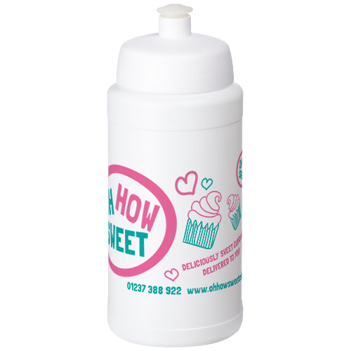 Botella deportiva blanca con el logotipo Oh How Sweet y dibujos de cupcakes en rosa y verde.