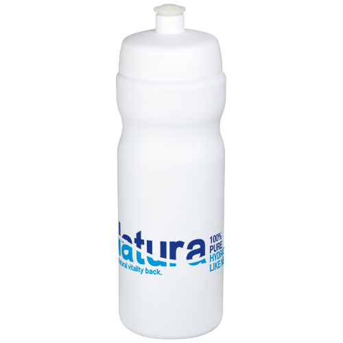 Botella de agua deportiva blanca con tapón de presión y logotipo azul.