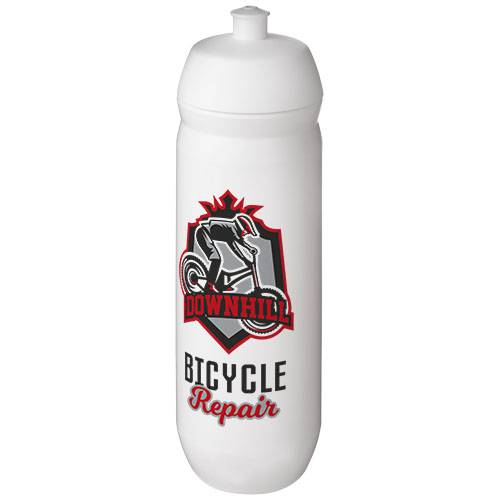 Botella deportiva blanca con el logotipo de Downhill Bicycle Repair y una ilustración de bicicleta de montaña en descenso