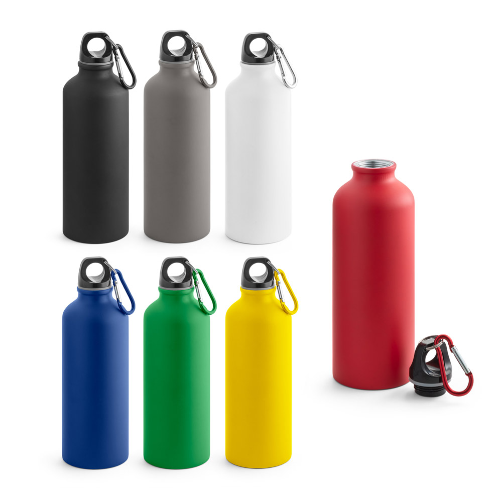 Botellas deportivas de aluminio en negro, gris, blanco, azul, verde, amarillo y rojo con tapa de rosca y mosquetón.