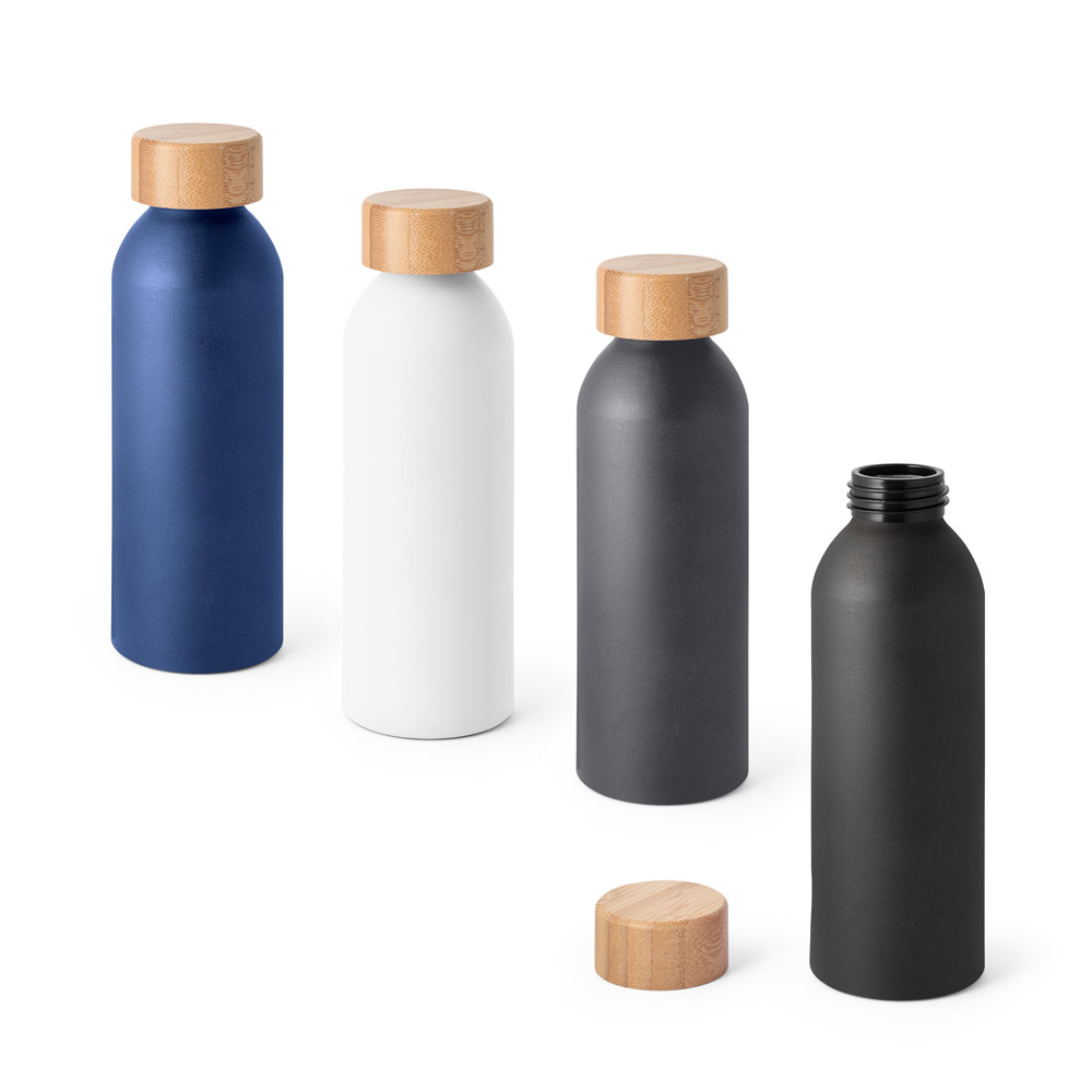 Botellas cilíndricas de acero con tapa de bambú en colores azul, blanco, gris y negro, una abierta mostrando el interior.