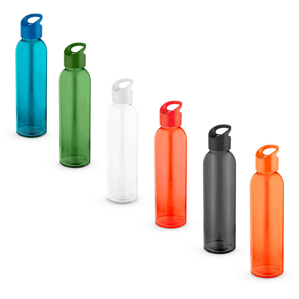 botellas de plástico translúcidas con tapón de asa en varios colores sobre fondo blanco
