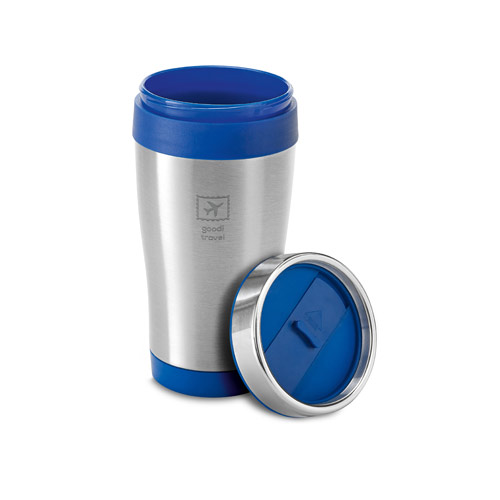 Vaso térmico de acero inoxidable con detalles azules y tapa extraíble para viajes.