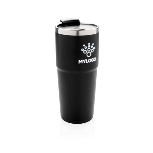 Termo de viaje negro con tapa de acero inoxidable y logotipo MYLOGO